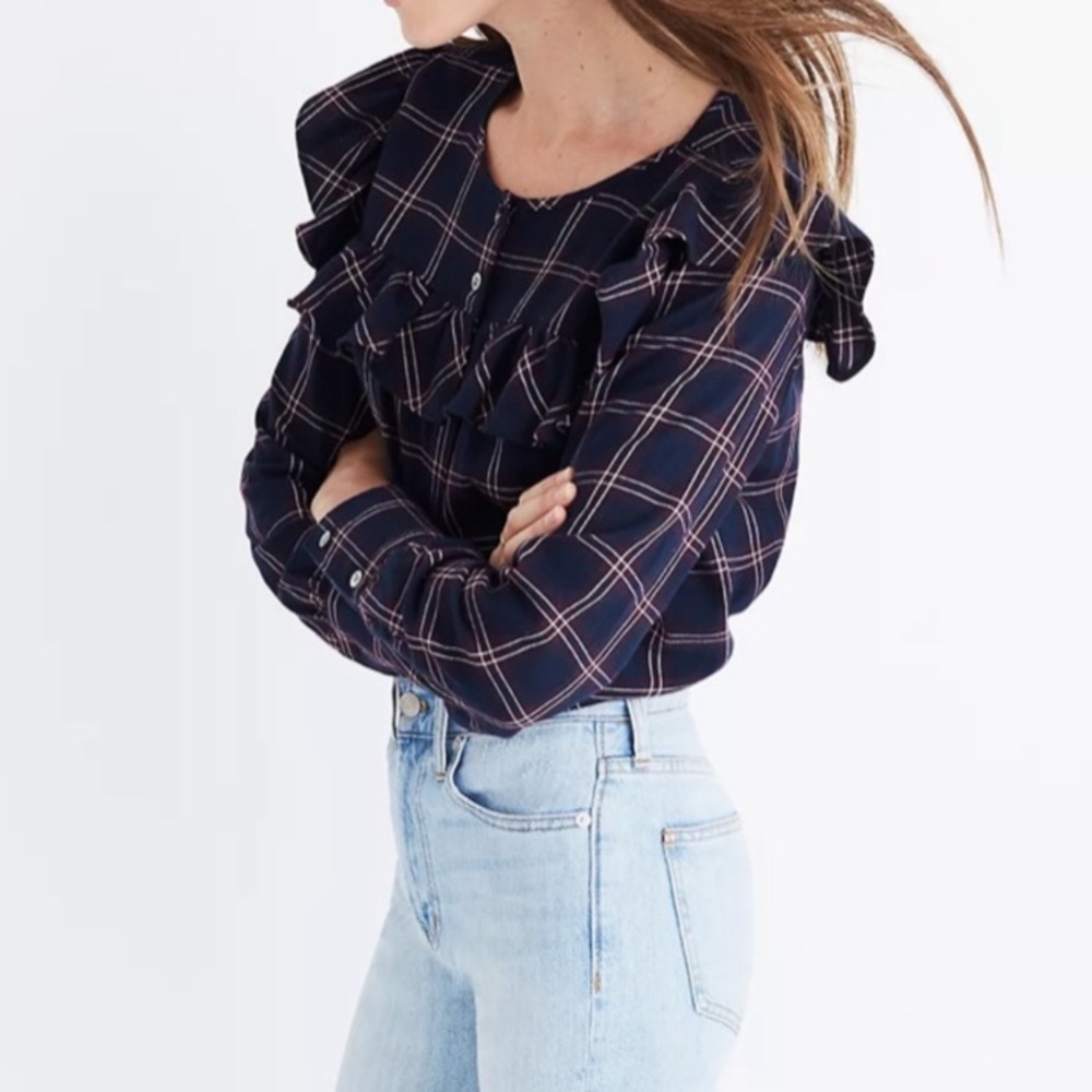 Madewell | Navy Plaid Ruffle Yoke Flannel Shirt Size Medium - Picture 2 of 7